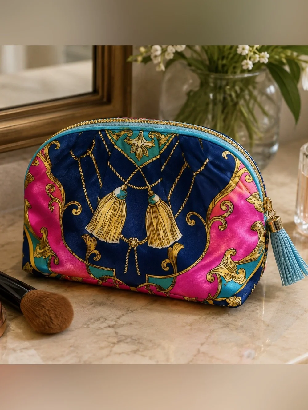Estée Lauder Colorful Tassel Print Cosmetic Pouch - Pink & Navy-